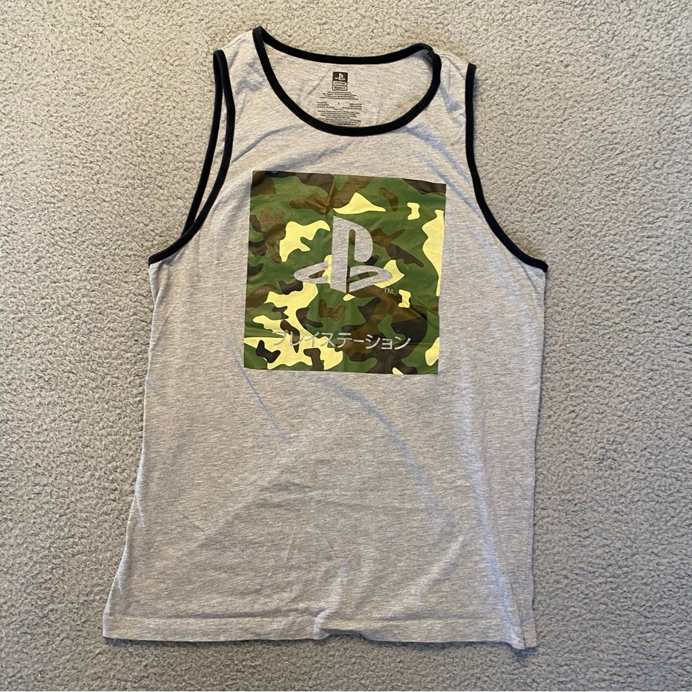 PlayStation Tank Top Japanese Camo Logo Gray Video Game Men’s Size Large
